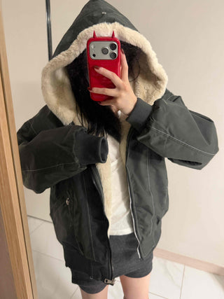 Two-way Hooded Shearling Stitch Oversized Short Padded Jacket