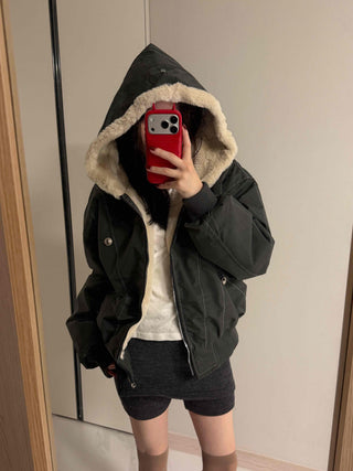 Two-way Hooded Shearling Stitch Oversized Short Padded Jacket
