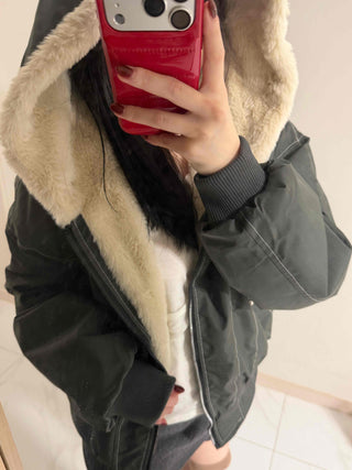 Two-way Hooded Shearling Stitch Oversized Short Padded Jacket