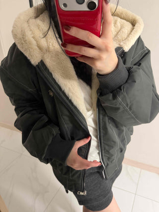 Two-way Hooded Shearling Stitch Oversized Short Padded Jacket