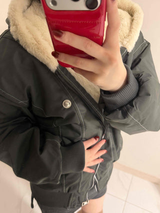 Two-way Hooded Shearling Stitch Oversized Short Padded Jacket