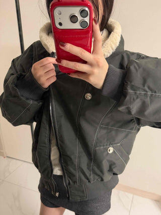 Two-way Hooded Shearling Stitch Oversized Short Padded Jacket