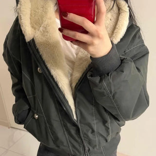 Two-way Hooded Shearling Stitch Oversized Short Padded Jacket