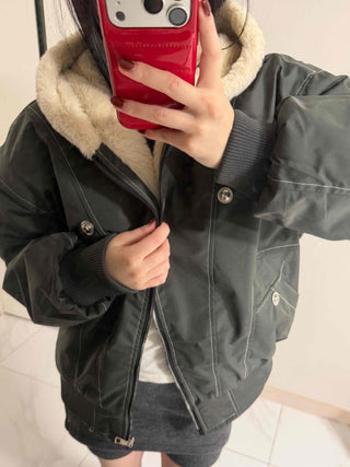 Two-way Hooded Shearling Stitch Oversized Short Padded Jacket
