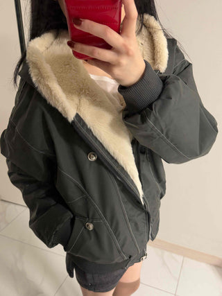 Two-way Hooded Shearling Stitch Oversized Short Padded Jacket