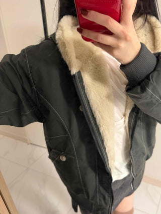 Two-way Hooded Shearling Stitch Oversized Short Padded Jacket
