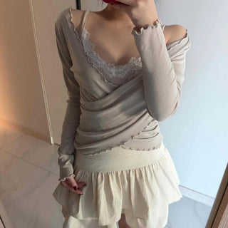 Lace Twist Wrap V-Neck Long Sleeve T-Shirt