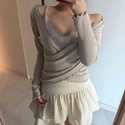 Lace Twist Wrap V-Neck Long Sleeve T-Shirt