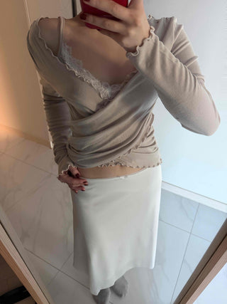 Lace Twist Wrap V-Neck Long Sleeve T-Shirt