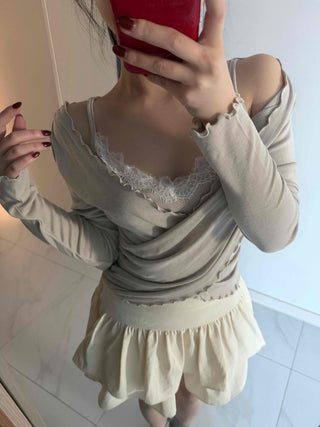 Lace Twist Wrap V-Neck Long Sleeve T-Shirt
