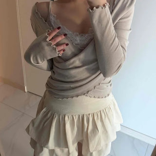 Lace Twist Wrap V-Neck Long Sleeve T-Shirt