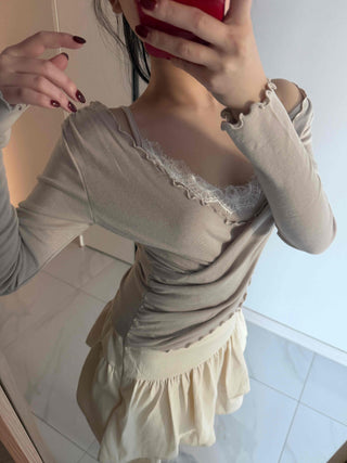 Lace Twist Wrap V-Neck Long Sleeve T-Shirt