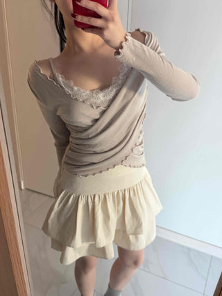 Lace Twist Wrap V-Neck Long Sleeve T-Shirt