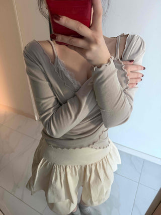Lace Twist Wrap V-Neck Long Sleeve T-Shirt