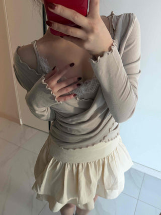Lace Twist Wrap V-Neck Long Sleeve T-Shirt