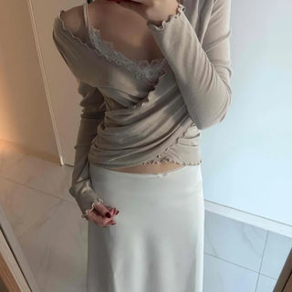 Lace Twist Wrap V-Neck Long Sleeve T-Shirt
