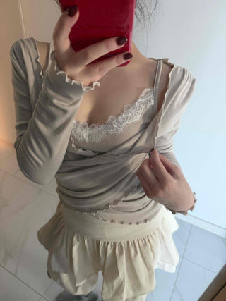 Lace Twist Wrap V-Neck Long Sleeve T-Shirt