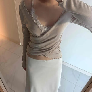 Lace Twist Wrap V-Neck Long Sleeve T-Shirt