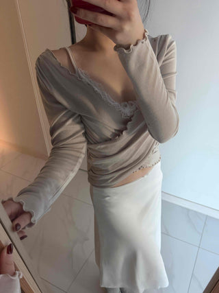 Lace Twist Wrap V-Neck Long Sleeve T-Shirt