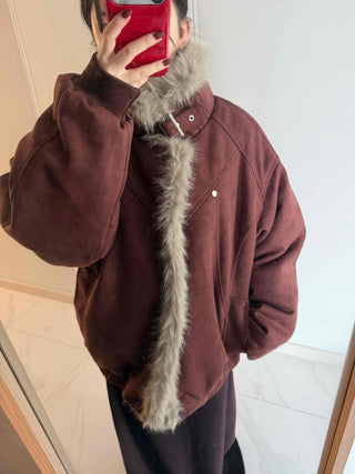 Vintage Fur Trim Neck Belted Shearling Jumper
