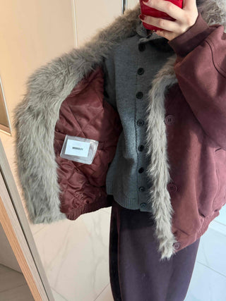 Vintage Fur Trim Neck Belted Shearling Jumper