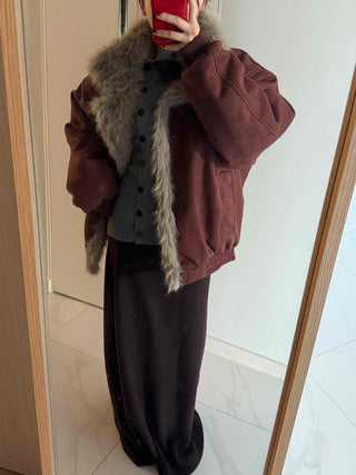 Vintage Fur Trim Neck Belted Shearling Jumper