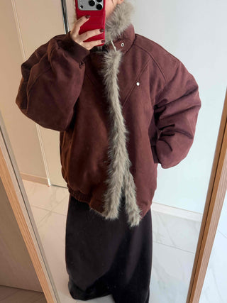 Vintage Fur Trim Neck Belted Shearling Jumper