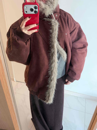 Vintage Fur Trim Neck Belted Shearling Jumper