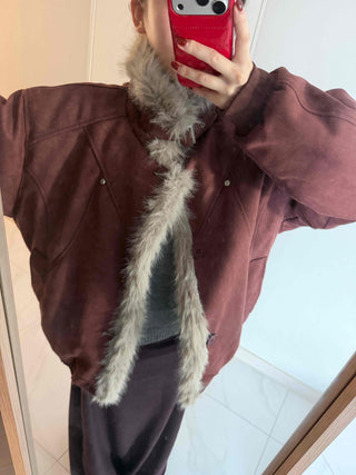 Vintage Fur Trim Neck Belted Shearling Jumper