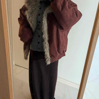 Vintage Fur Trim Neck Belted Shearling Jumper