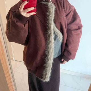 Vintage Fur Trim Neck Belted Shearling Jumper