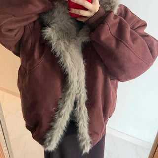 Vintage Fur Trim Neck Belted Shearling Jumper