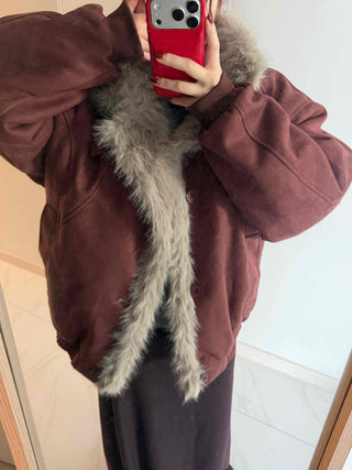 Vintage Fur Trim Neck Belted Shearling Jumper