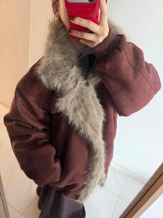 Vintage Fur Trim Neck Belted Shearling Jumper