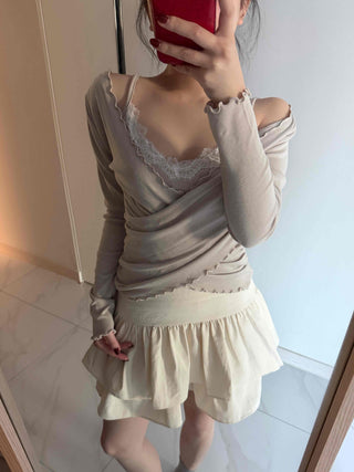 Shirred Double Ruffle A-Line Mini Skirt