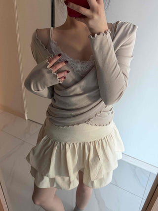 Shirred Double Ruffle A-Line Mini Skirt