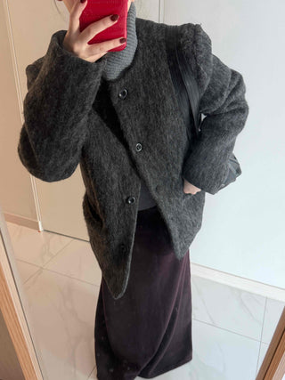 Round Pocket Button Wool Midi Coat