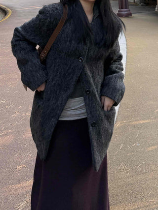 Round Pocket Button Wool Midi Coat