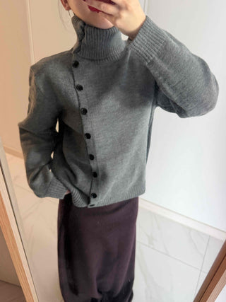 Turtleneck collar side button loose-fit knit cardigan