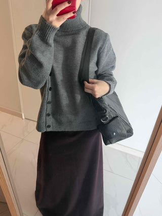 Turtleneck collar side button loose-fit knit cardigan
