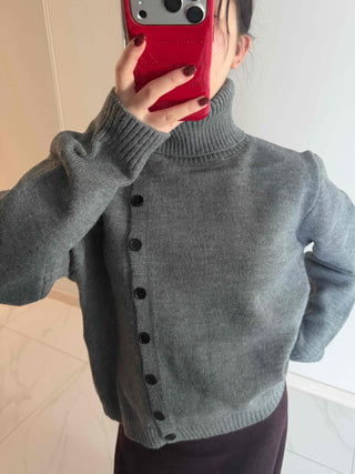 Turtleneck collar side button loose-fit knit cardigan