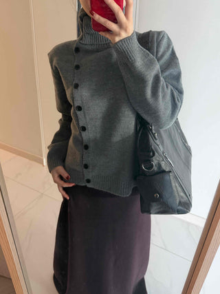 Turtleneck collar side button loose-fit knit cardigan