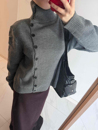 Turtleneck collar side button loose-fit knit cardigan