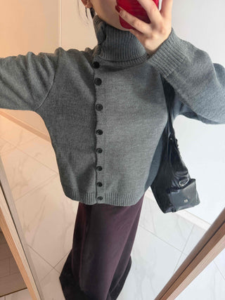 Turtleneck collar side button loose-fit knit cardigan