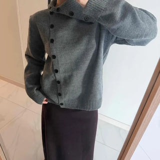 Turtleneck collar side button loose-fit knit cardigan