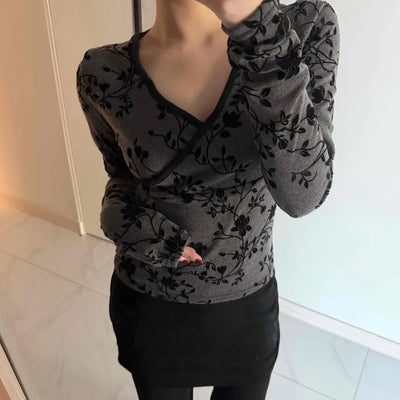 Flower Pattern Slim V-Neck Long Sleeve T-Shirt