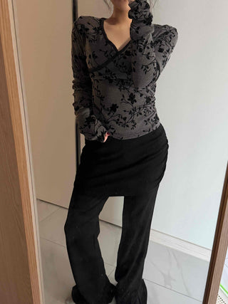 Flower Pattern Slim V-Neck Long Sleeve T-Shirt