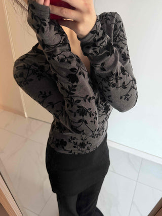 Flower Pattern Slim V-Neck Long Sleeve T-Shirt