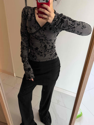 Flower Pattern Slim V-Neck Long Sleeve T-Shirt