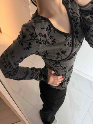 Flower Pattern Slim V-Neck Long Sleeve T-Shirt